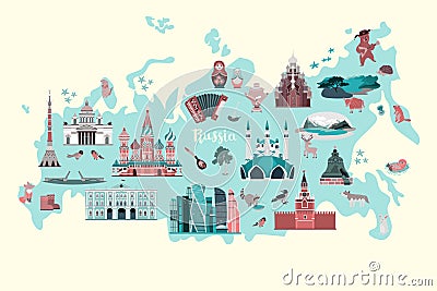 Russia vector map. Colorful atlas with russian landmarks Vector Illustration