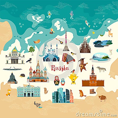 Russia vector map, colorfull illustration. Russian symbol. Cherch and museum Vector Illustration