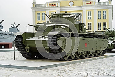 RUSSIA, VERKHNYAYA PYSHMA - FEBRUARY 12. 2018: Soviet multi-turreted heavy tank T-35 in the museum of military equipment Editorial Stock Photo