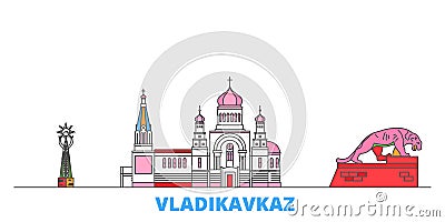 Russia, Vladikavkaz line cityscape, flat vector. Travel city landmark, oultine illustration, line world icons Vector Illustration