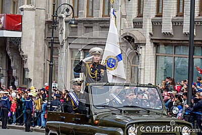 Russia, Vladivostok, 05/09/2018. High-ranking navy officers in dress uniform on parade on annual Victory Day on May 9. Holiday Editorial Stock Photo