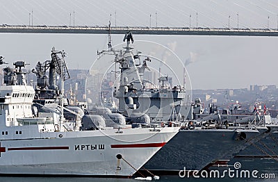 View on parking of military battleships of Russian Pacific Navy in port of Vladivostok Editorial Stock Photo