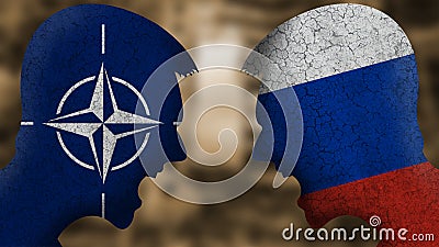 Russia vs versus Nato. Two angry faces with the flag of the country. Stock Photo