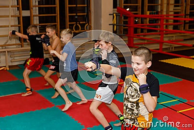 Russia. Vyborg. 11.20.2020 Children in Muay Thai training Editorial Stock Photo