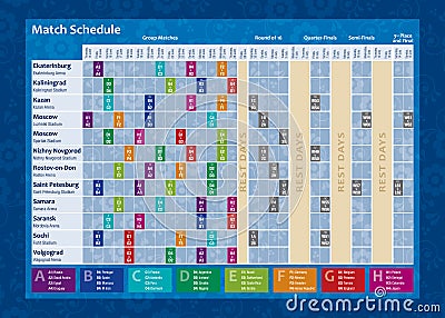 Russia 2018 world cup calendar. Complete chronogram with the date of each soccer match and the name of the city and the stadium. Vector Illustration