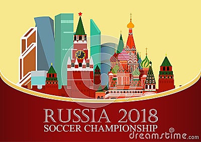 Russia 2018 World cup. Football banner. Vector flat illustration. Sport. Image of Kremlin, Business center moscow city Vector Illustration