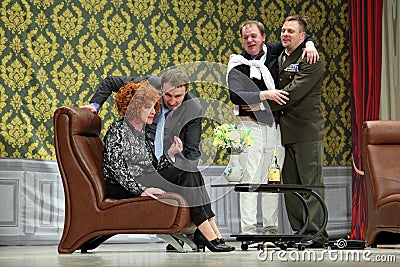 Russian actors Galina Danilova, Andrey Kaikov, Sergei Efremov, Alexander Nosik on the stage of the theater Editorial Stock Photo