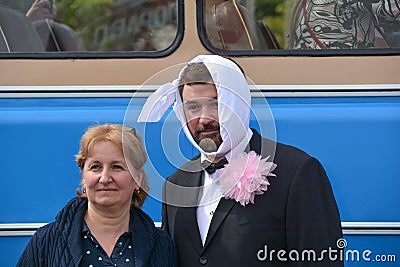 Russian actors near retro bus Editorial Stock Photo