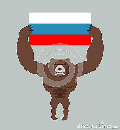 Russian aggressive bear. Angry animal holds Russian flag. Ferocious wild beast. Forest monster with big teeth and claws Vector Illustration