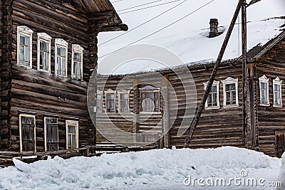 Russian ancient two-storied wooden houses in Kizhma village. Arkhangelsk region, Russia Stock Photo
