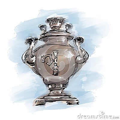 Russian antique metal samovar illustration., simple line drawing. Stock Photo