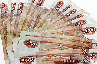 Russian banknotes `rubles` with inscription `five thousand rubles` of 5000 rubles. Background made of money. 5000 rubles backgrou Stock Photo