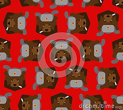 Russian bear with ear flaps pattern seamless. Russia animal face background Vector Illustration