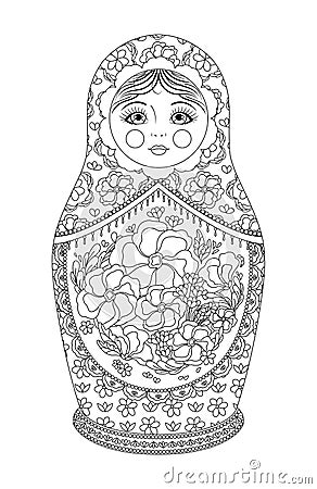 Russian Beautiful Matryoshka Doll in Line Contour style. Matrioska Doll and Floral Pattern. Cartoon Black White color. Coloring Vector Illustration