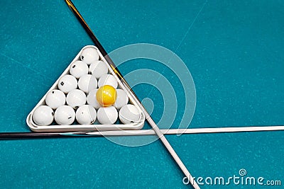 Russian billiard balls, cue, triangle, on a table. blue cloth with space for text Stock Photo