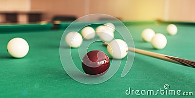 Russian billiard table with balls and cue sticks Stock Photo