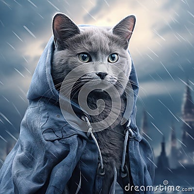 of russian blue cat outdoor Cartoon Illustration