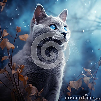 of russian blue cat outdoor Cartoon Illustration