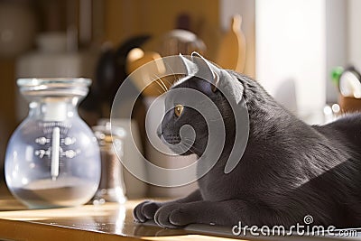 russian blue cat watching a kitchen timer Stock Photo