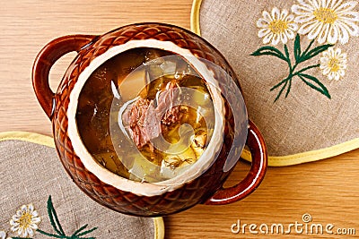 Russian cabbage soup with meat Stock Photo