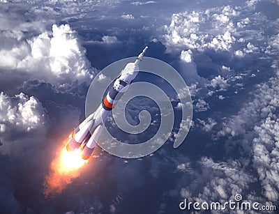 Russian Carrier Rocket Launch In The Clouds Stock Photo