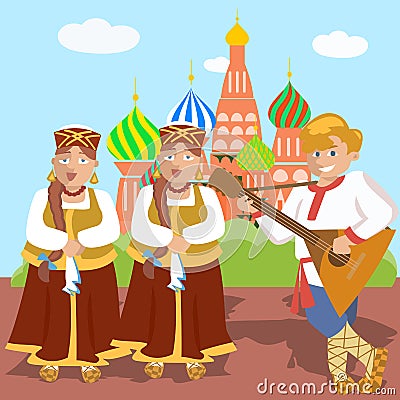 Russian cartoon folk band against church Vector Illustration