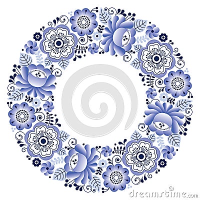 Russian ceramics Gzhel round folk art pattern - floral plate design Vector Illustration
