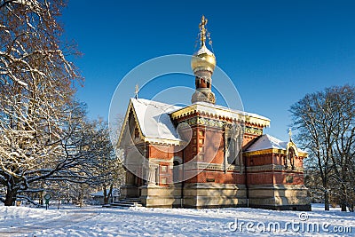 Russian chapel in the snow Stock Photo