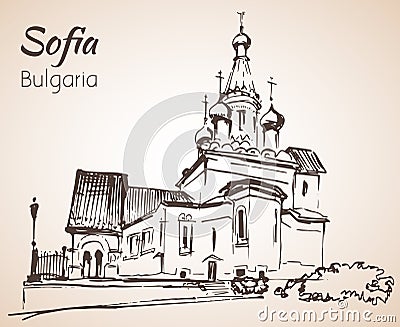Russian Church, Sofia. Bulgaria. Sketch. Vector Illustration