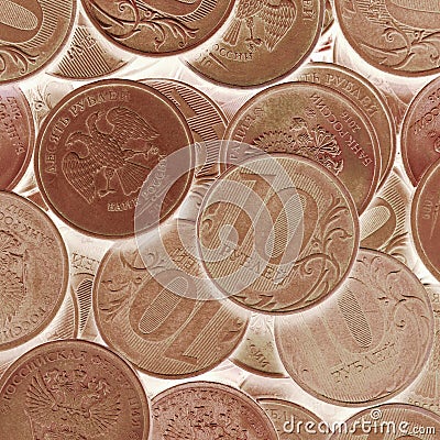 Russian coins of 10 rubles. Light brown tinted inverted illustration. Economy and the Central Bank of Russia. Textured ruble Cartoon Illustration