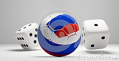 Russian colored soccer football ball and rolling dices white 3d Stock Photo