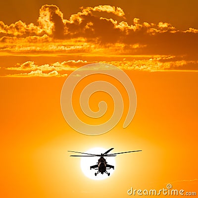 Russian Combat helicopters, Mi-35, warm sunset Stock Photo