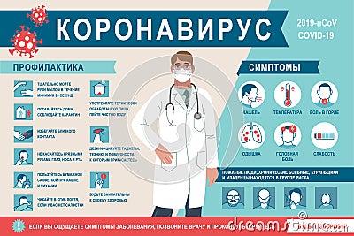 Russian Coronavirus 2019-nCoV infographic symptoms and prevention tips. 2019-nCoV Covid causes, symptoms and spreading Vector Illustration