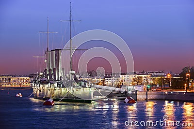 Russian cruiser Aurora - Russian protected cruiser at night, Saint Petersburg Editorial Stock Photo