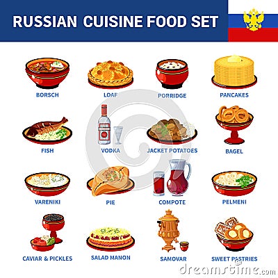 Russian Cuisine Dishes Flat icons Collection Vector Illustration