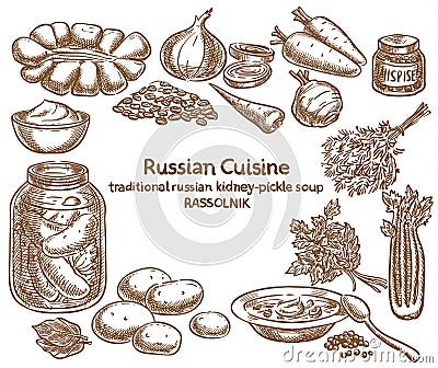 Russian cuisine, rassolnik ingredients, vector sketch Vector Illustration