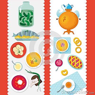 Russian cuisine. Template for menu with cooking utensils and foo Vector Illustration