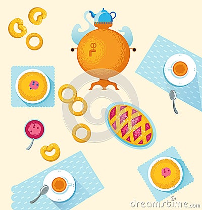 Russian cuisine. Template for menu with cooking utensils and foo Vector Illustration