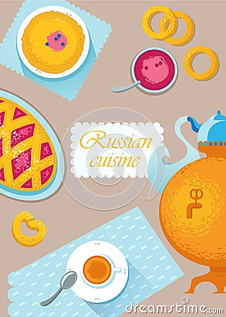 Russian cuisine. Template for menu with cooking utensils and foo Vector Illustration