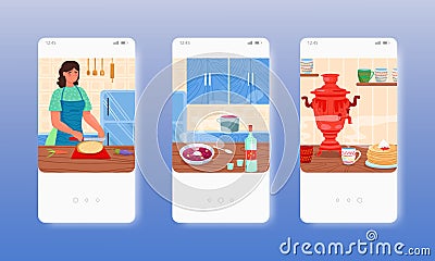 Russian traditional cuisine borscht blini vodka. Mobile app screens, vector website banner template. UI, web site design Vector Illustration