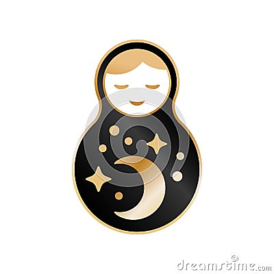 Russian doll matrioshka Babushka smiling Kawaii cute face, Stars, moon, constellation, night sky. Black gold isolated on white Vector Illustration