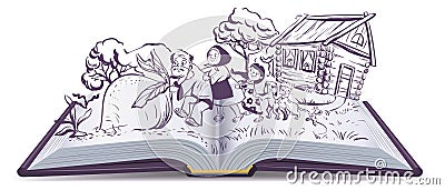 Russian fairy tale The turnip. Open book Vector Illustration