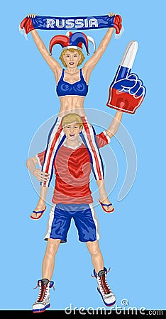 Russian Fans Supporting Russia Team with Scarf and Foam Finger Vector Illustration