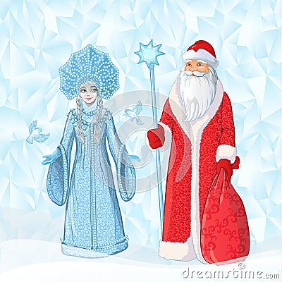 Russian Father Frost also known as `Ded Moroz` and his granddaughter `Sneguroschka`. Vector cartoon illustration on ice Vector Illustration