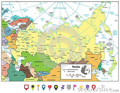 Russian Federation detailed political map and flat map pointers Vector Illustration