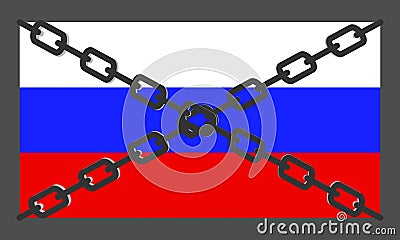 Russian flag in chains. Country isolation, conceptual banner. Sanctions against Russian aggression. Trade embargo. Flat Vector Illustration