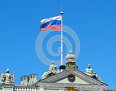 The Russian flag flutters over the Winter Palace. St. Petersburg Stock Photo