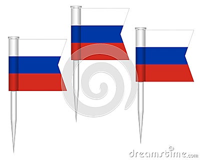 Russian flag push pins vector illustration. Mini stick small pushpin flags of Russia isolated on white Vector Illustration