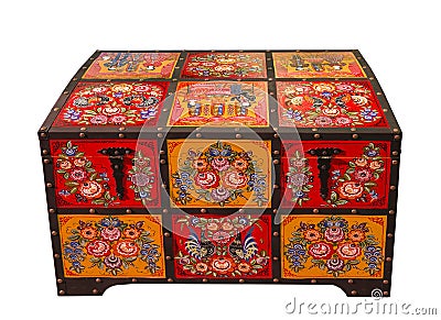 Russian folk arts and crafts - chest with Gorodets painting. Nizhny Novgorod region, Gorodets Editorial Stock Photo