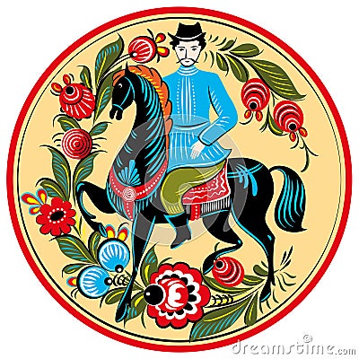 Russian folk painting - rider on horse Vector Illustration